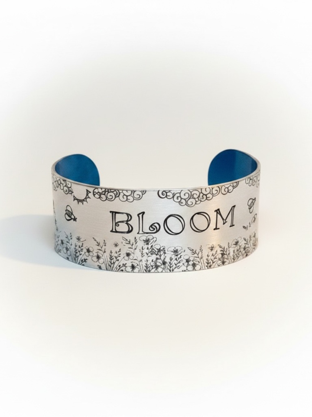 Handmade floral adjustable silver hypoallergenic aluminum Wide cuff‎ bracelet